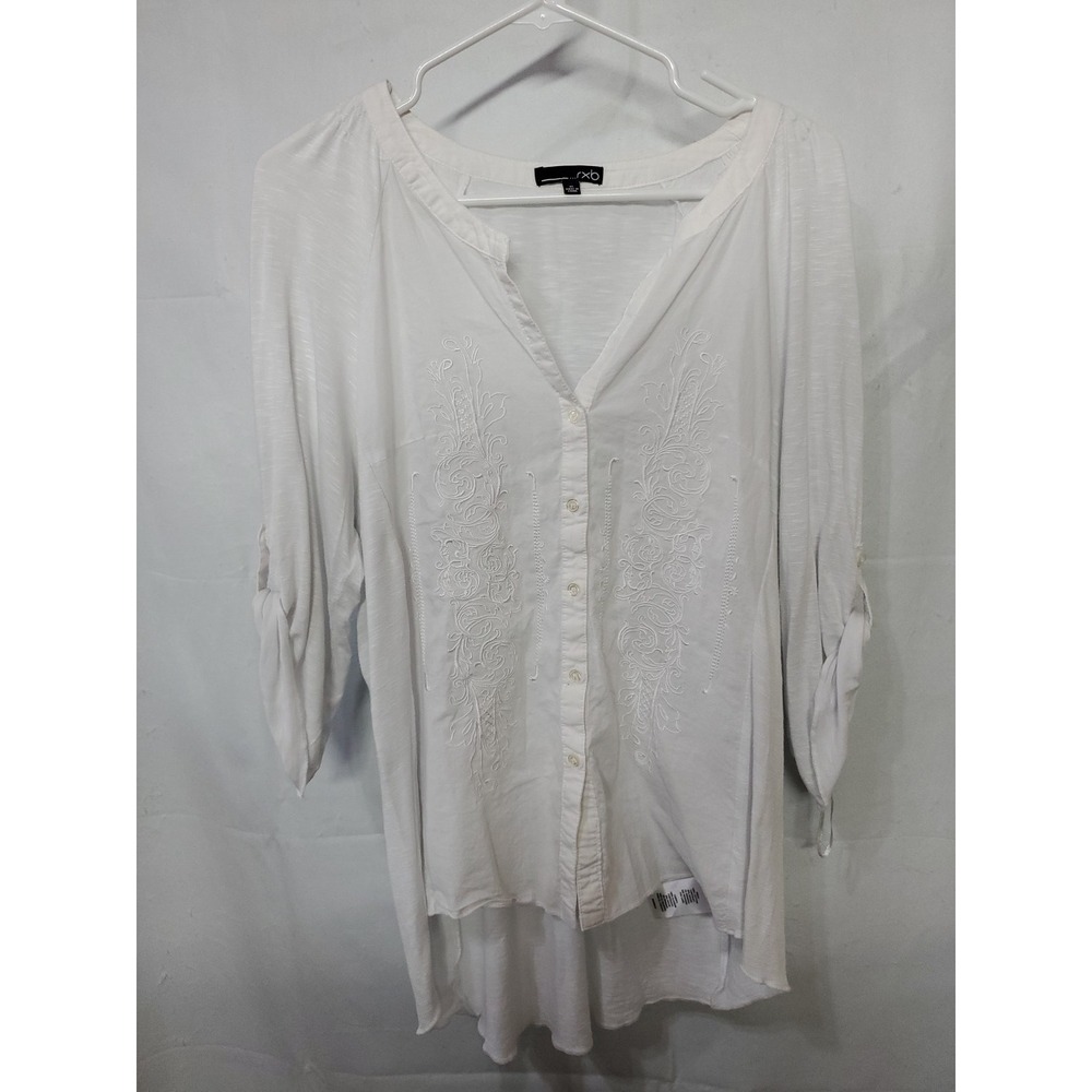 RBX Embroidered Top White Women Sz‎ XL Cotton Blend Roll Tab Sleeves Button-Down